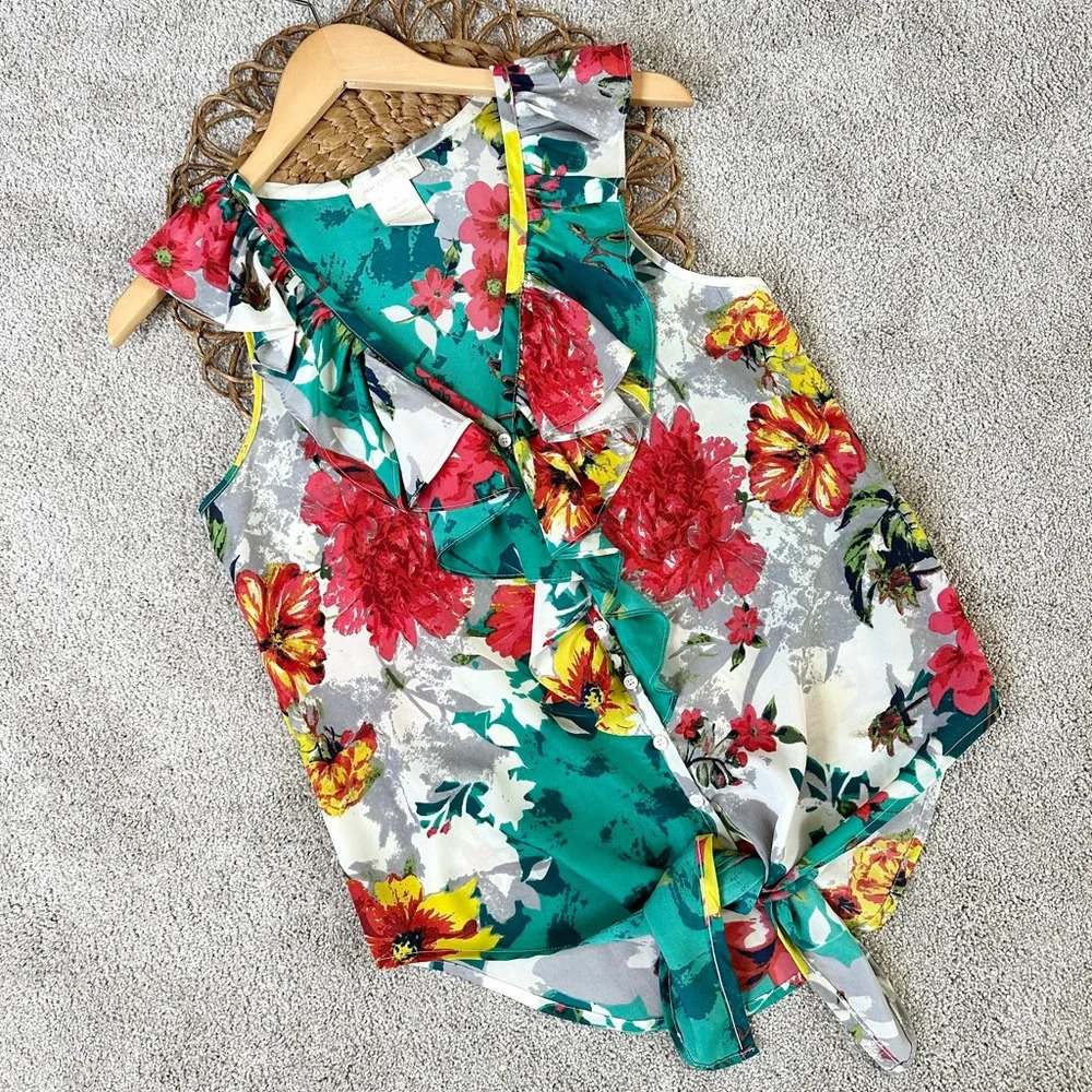 MM Couture By Miss Me Blouse Sleeveless Summer Floral Ruffle Tie V-Neck Size S